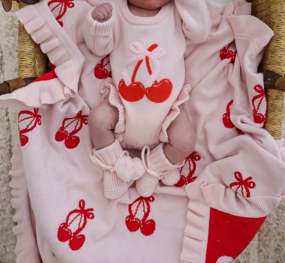 Frill Cherry Bow Blanket - Reversible - Petite & Co