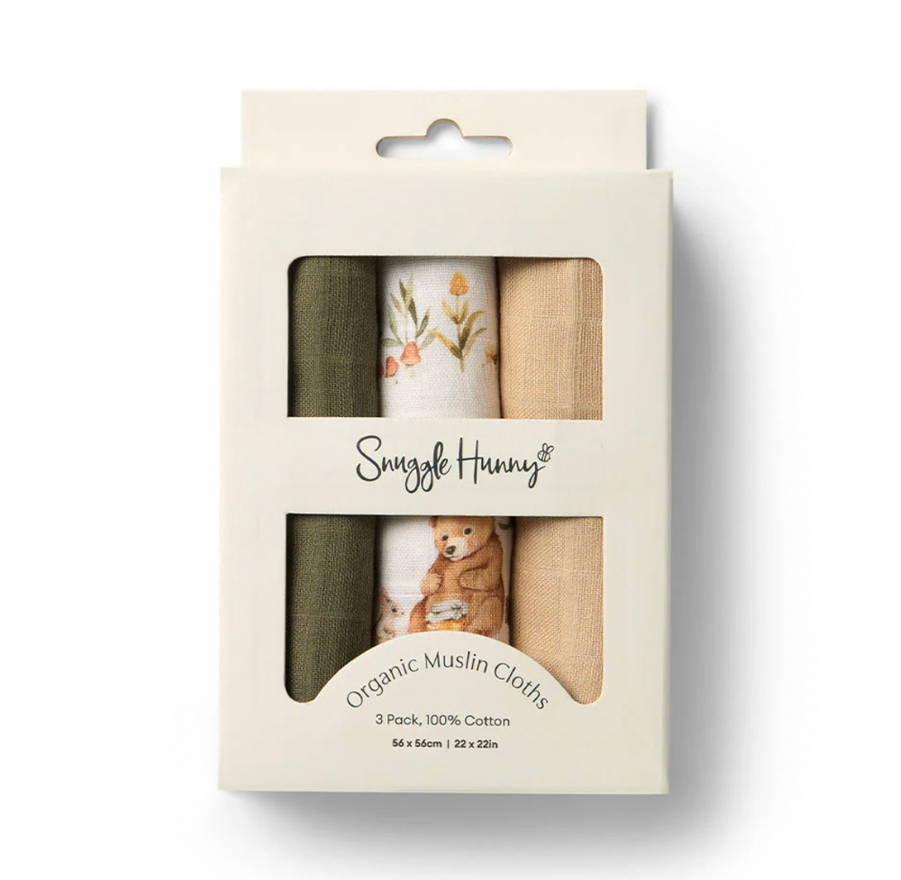 Small Organic Muslin Cloths 3 Pack - Bears/Olive/Pebble - Snuggle Hunny