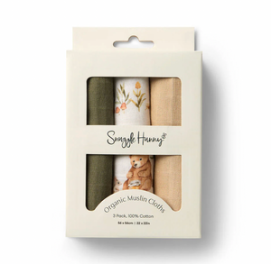 Small Organic Muslin Cloths 3 Pack - Bears/Olive/Pebble - Snuggle Hunny