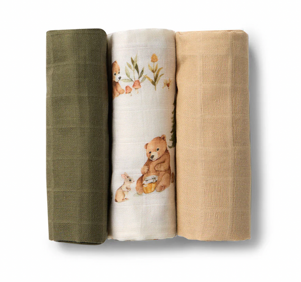 Small Organic Muslin Cloths 3 Pack - Bears/Olive/Pebble - Snuggle Hunny