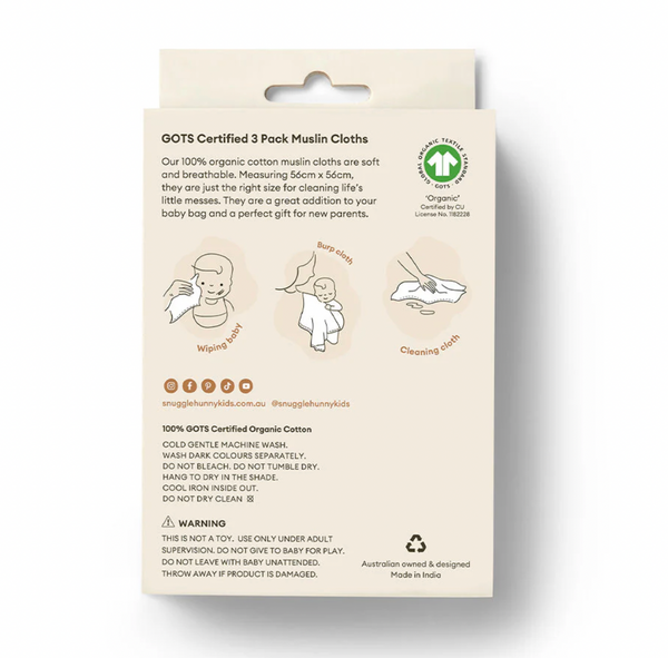 Small Organic Muslin Cloths 3 Pack - Bears/Olive/Pebble - Snuggle Hunny
