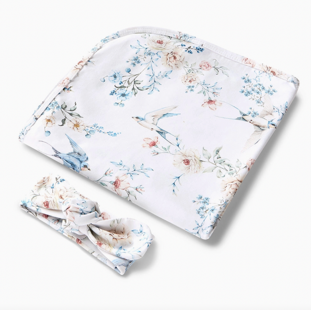 Sweet Swallows Organic Jersey Wrap & Topknot Set - Snuggle Hunny