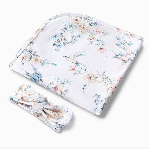 Sweet Swallows Organic Jersey Wrap & Topknot Set - Snuggle Hunny