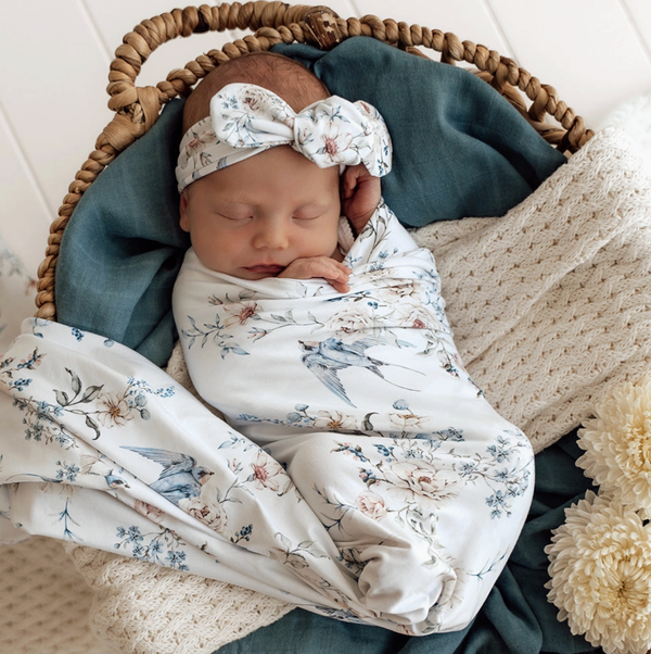 Sweet Swallows Organic Jersey Wrap & Topknot Set - Snuggle Hunny