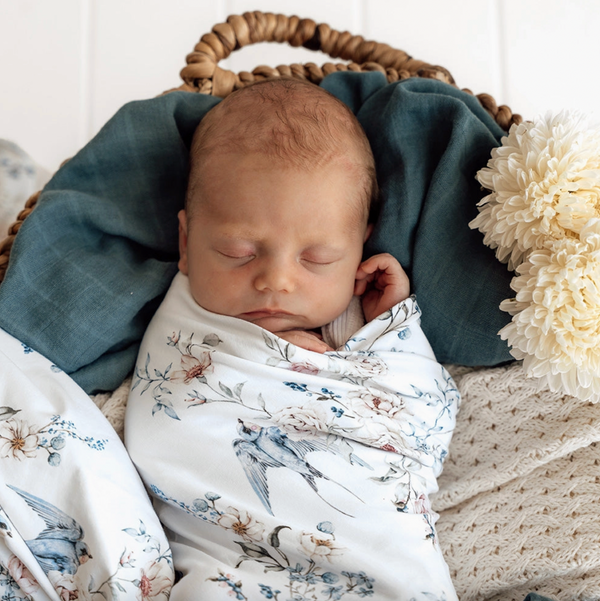 Sweet Swallows Organic Jersey Wrap & Topknot Set - Snuggle Hunny