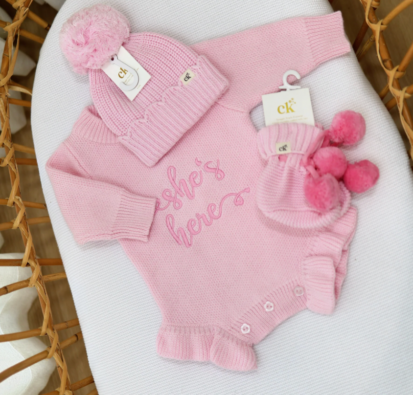 She's Here Knit Romper Pink - Confetti Kidz