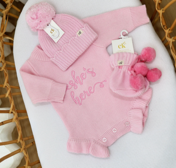 She's Here Knit Romper Pink - Confetti Kidz