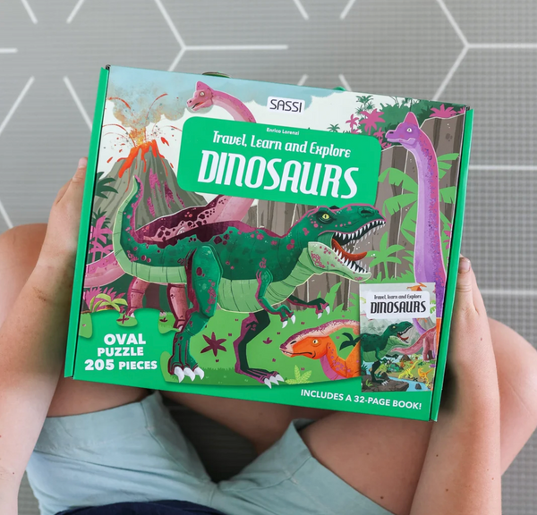 Travel, Learn and Explore - Puzzle and Book Set - Dinosaurs, 205 pcs - Sassi