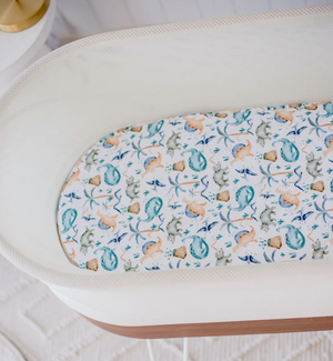 Small Oval/Moses/Snoo Fitted Waterproof Sheet | Wild Dinosaurs - Bambella Designs