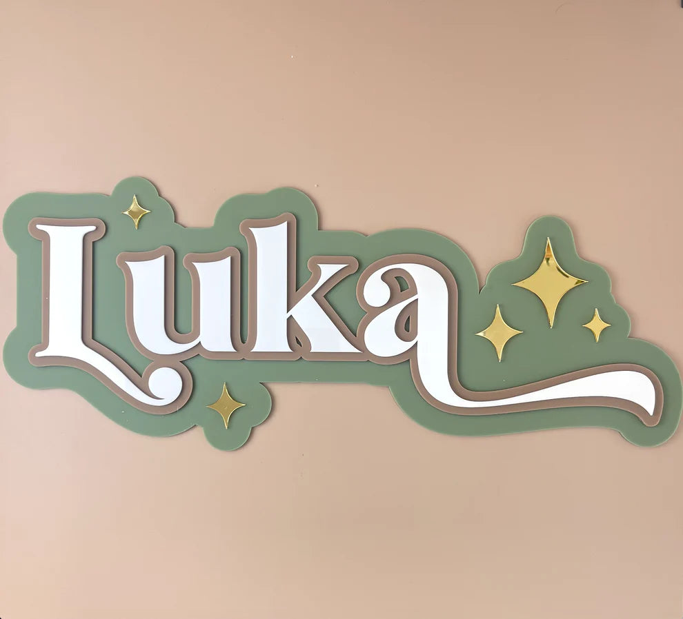 Custom Name Sign Detailed | Triple layered acrylic name plaque - Olive | Mocha | White | Stars - Luma Light