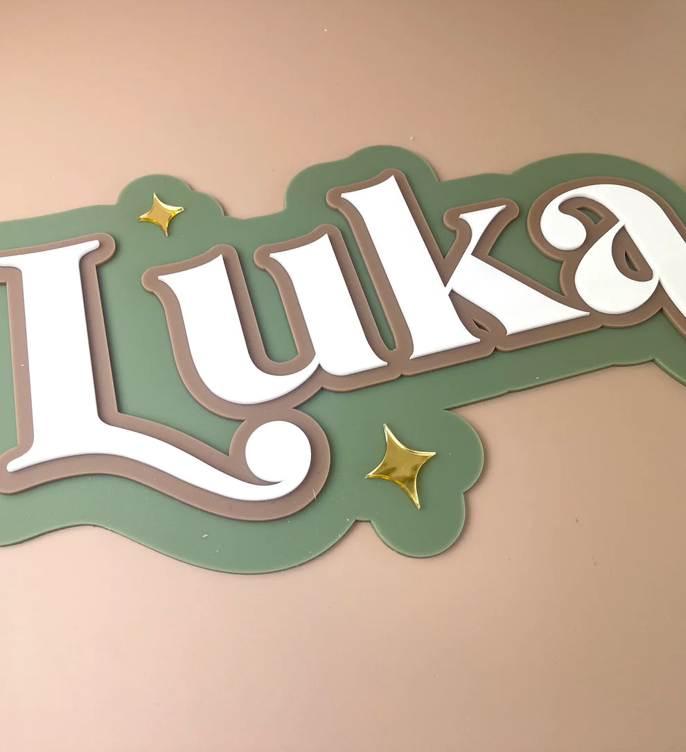 Custom Name Sign Detailed | Triple layered acrylic name plaque - Olive | Mocha | White | Stars - Luma Light