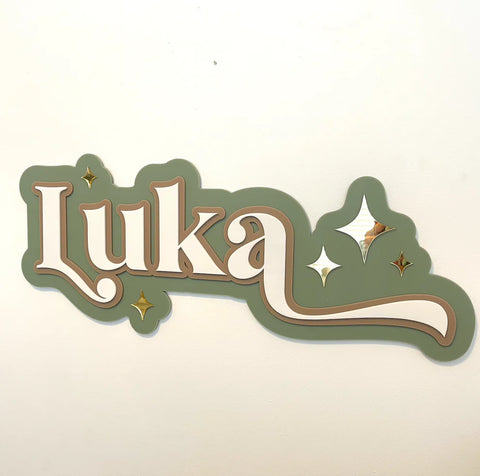 Custom Name Sign Detailed | Triple layered acrylic name plaque - Olive | Mocha | White | Stars - Luma Light