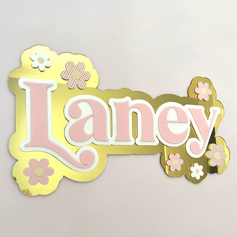 Custom Name Sign Detailed | Triple layered acrylic name plaque - Mirrored Gold | White | Pink | Flowers - Luma Light