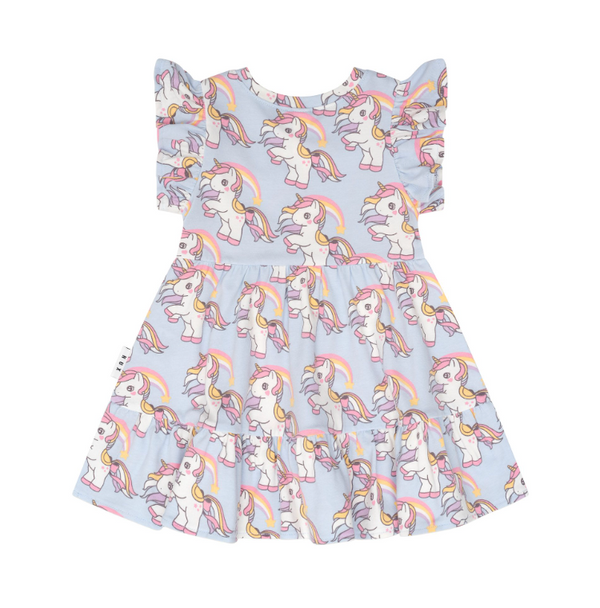 Rainbow Unicorn Tier Dress - Ice Water - Huxbaby DISCOUNTED