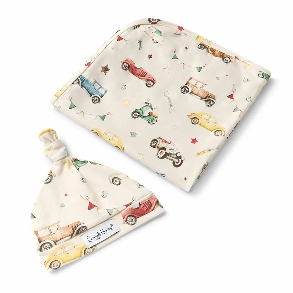 Vintage Cars Organic Jersey Wrap & Beanie Set - Snuggle Hunny