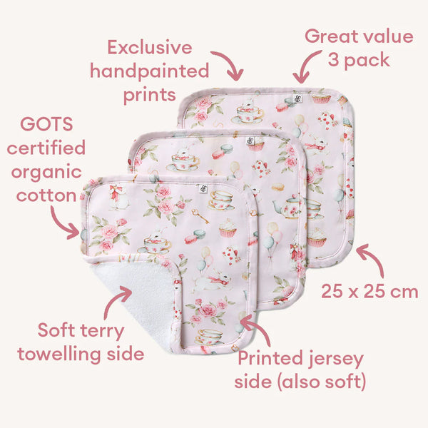 Alice’s Tea Party Organic Wash Cloths - 3 Pack - Snuggle Hunny