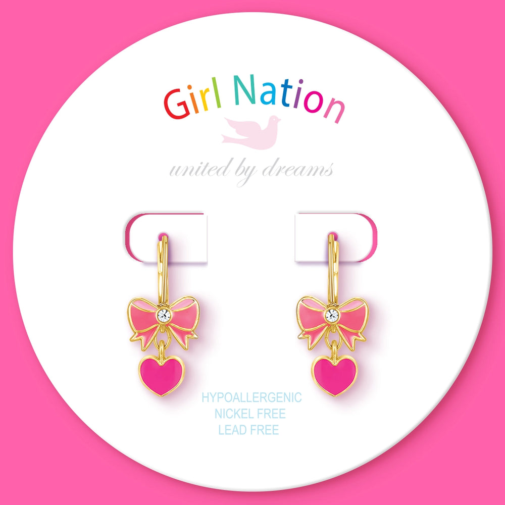 Pink Heart and Bow Lever Back Earrings - Girl Nation