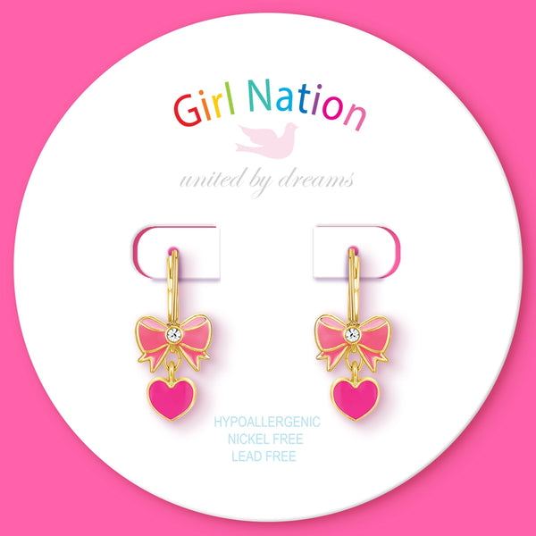 Pink Heart and Bow Lever Back Earrings - Girl Nation