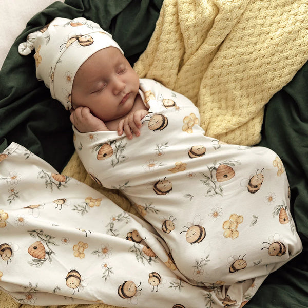 Bumblebees Organic Jersey Wrap & Beanie Set - Snuggle Hunny