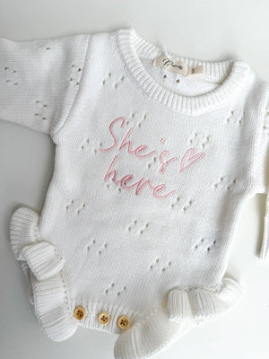 She's Here Heart - Pointelle Romper | Milk - Petite & Co