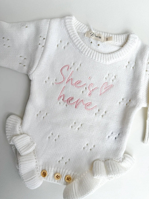 She's Here Heart - Pointelle Romper | Milk - Petite & Co