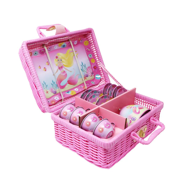 Mermaid 15 Pieces Tin Tea Set in Basket- Pink Poppy