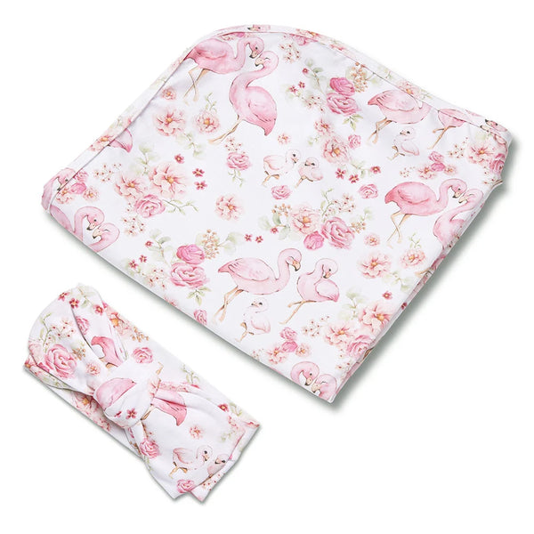 Flamingos Organic Jersey Wrap & Topknot Set - Snuggle Hunny