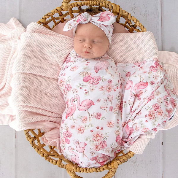Flamingos Organic Jersey Wrap & Topknot Set - Snuggle Hunny