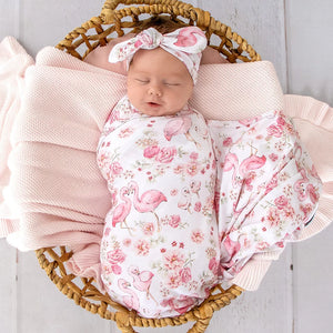 Flamingos Organic Jersey Wrap & Topknot Set - Snuggle Hunny