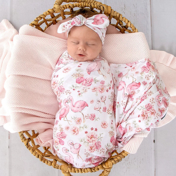 Flamingos Organic Jersey Wrap & Topknot Set - Snuggle Hunny