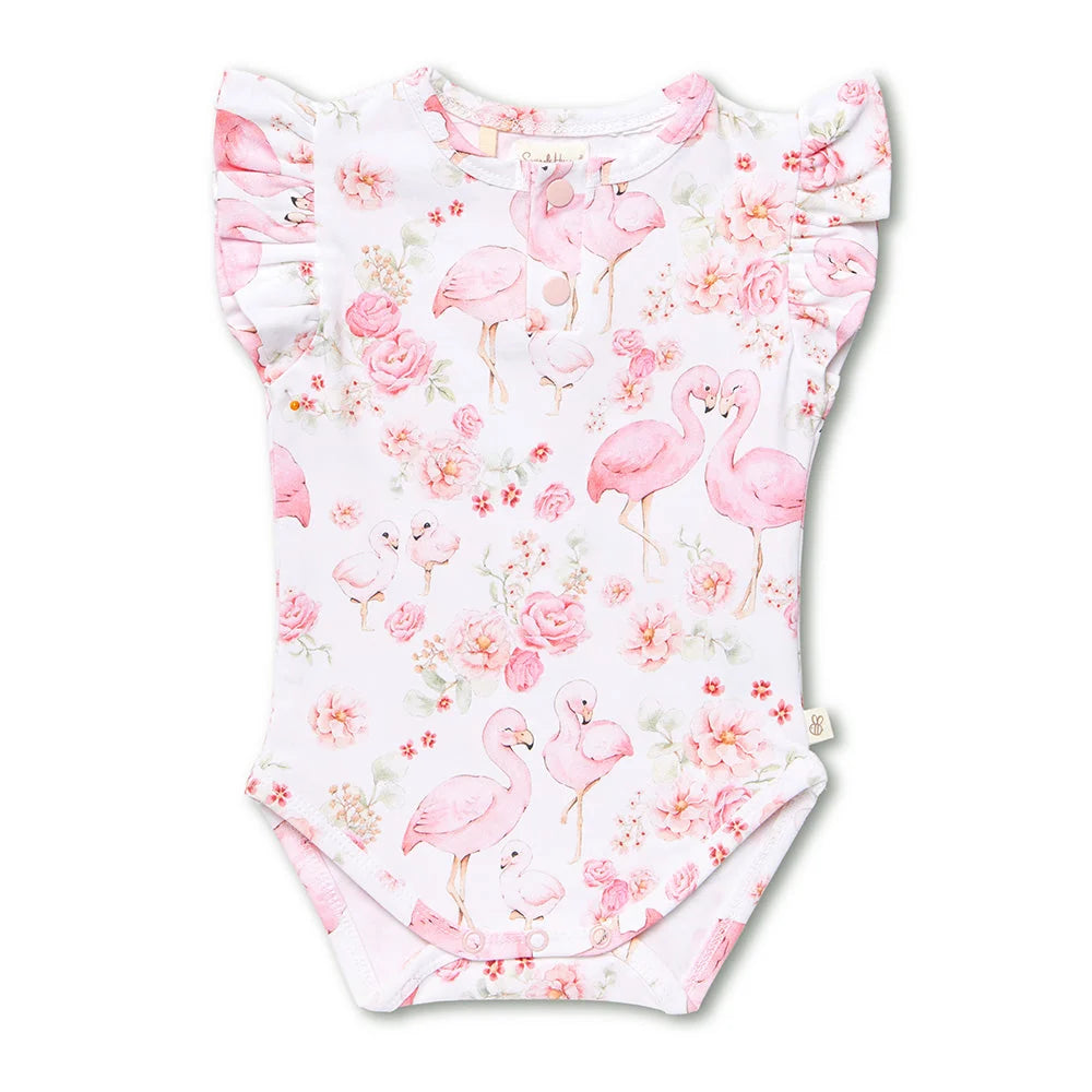 Flamingos Short Sleeve Organic Bodysuit with Frill - Snuggle Hunny