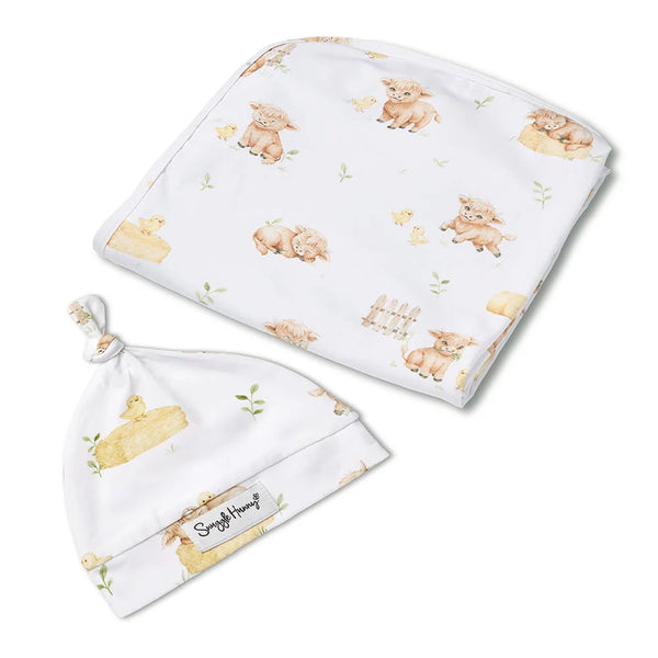 Highland Cows Organic Jersey Wrap & Beanie Set - Snuggle Hunny