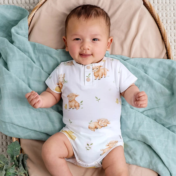 Highland Cows Short Sleeve Organic Bodysuit - 0-3 months - Snuggle Hunny