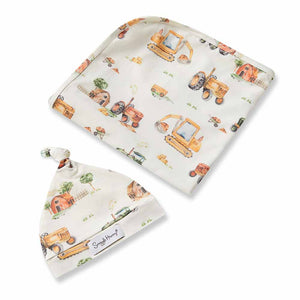 Diggers & Tractors Organic Jersey Wrap & Beanie Set - Snuggle Hunny