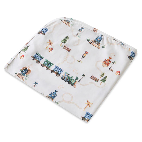 Trains Organic Jersey Wrap & Beanie Set - Snuggle Hunny