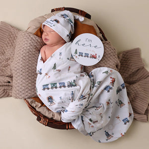 Trains Organic Jersey Wrap & Beanie Set - Snuggle Hunny