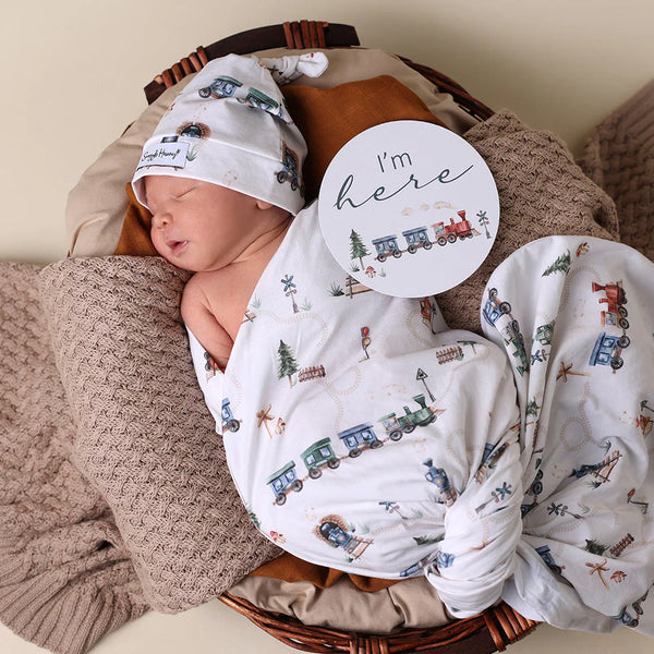 Trains Organic Jersey Wrap & Beanie Set - Snuggle Hunny