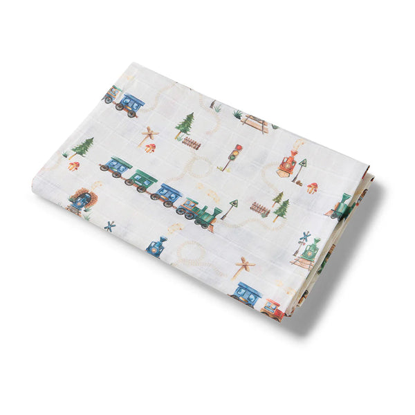 Trains Organic Muslin Wrap - Snuggle Hunny