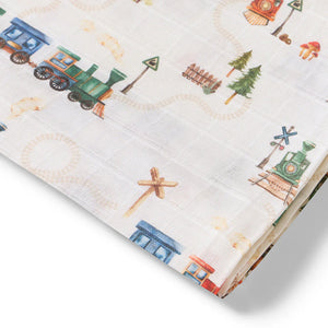 Trains Organic Muslin Wrap - Snuggle Hunny