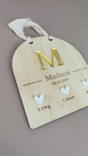 Custom Birth Details Sign - Hanging mirrored initial - Luma Light