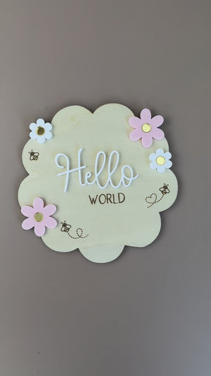 Hello World - Flower Bees - Birth Announcement Plaque - Luma Light