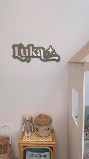 Custom Name Sign Detailed | Triple layered acrylic name plaque - Olive | Mocha | White | Stars - Luma Light