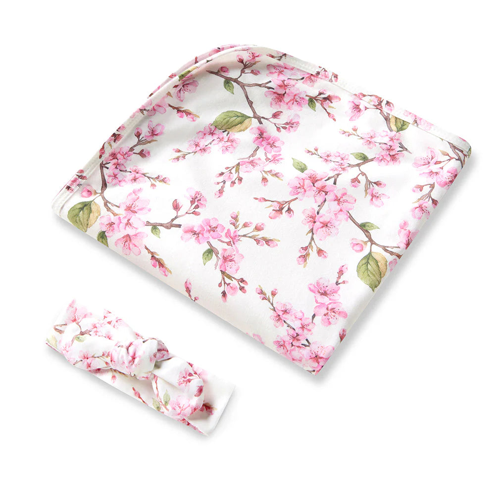 Cherry Blossom Organic Jersey Wrap & Topknot Set - Snuggle Hunny