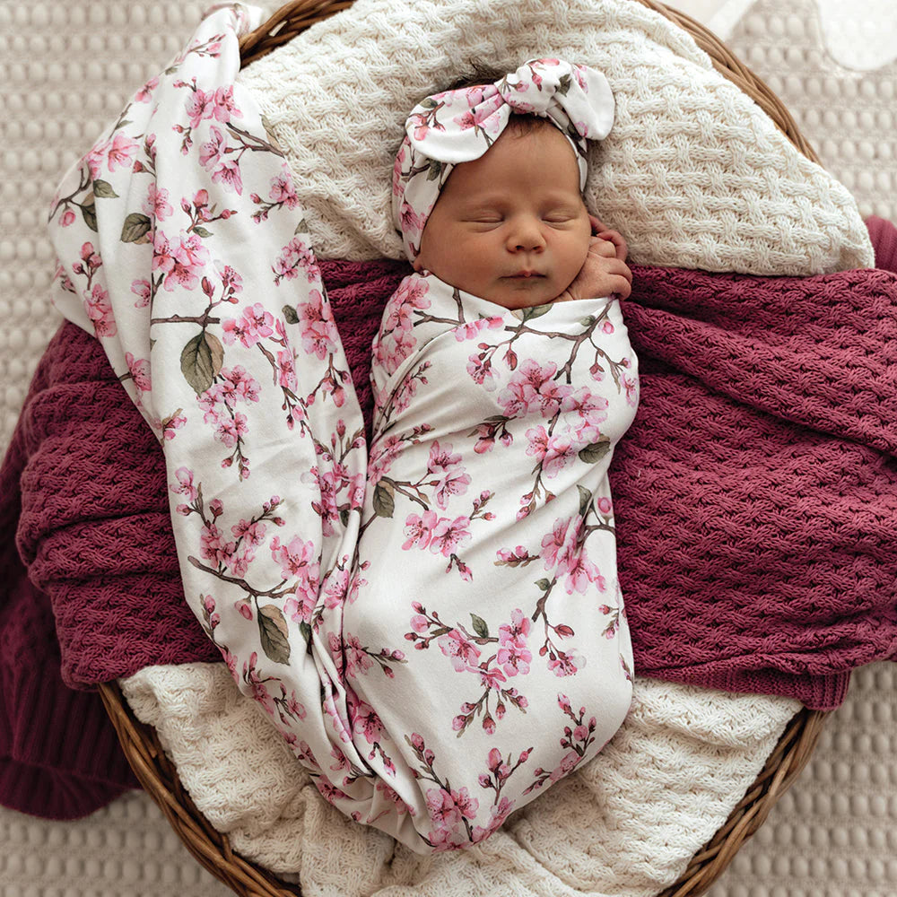Cherry Blossom Organic Jersey Wrap & Topknot Set - Snuggle Hunny