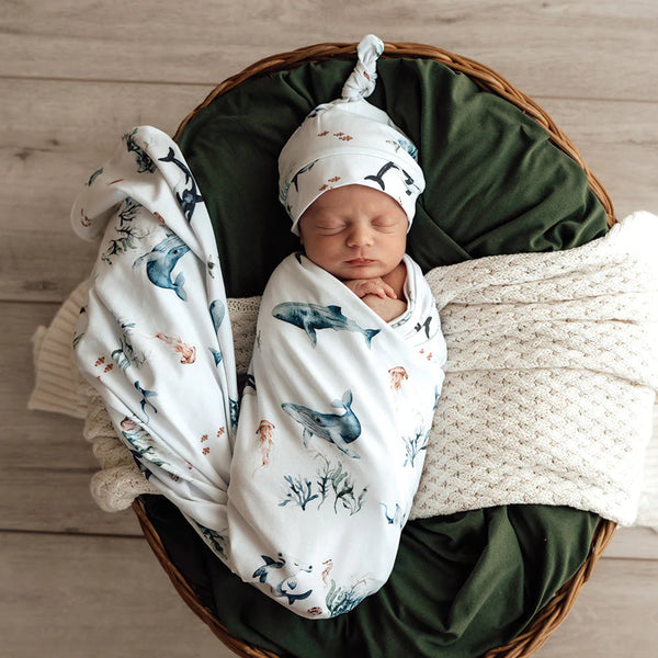 Ocean- Jersey Wrap & Beanie Set - Snuggle Hunny