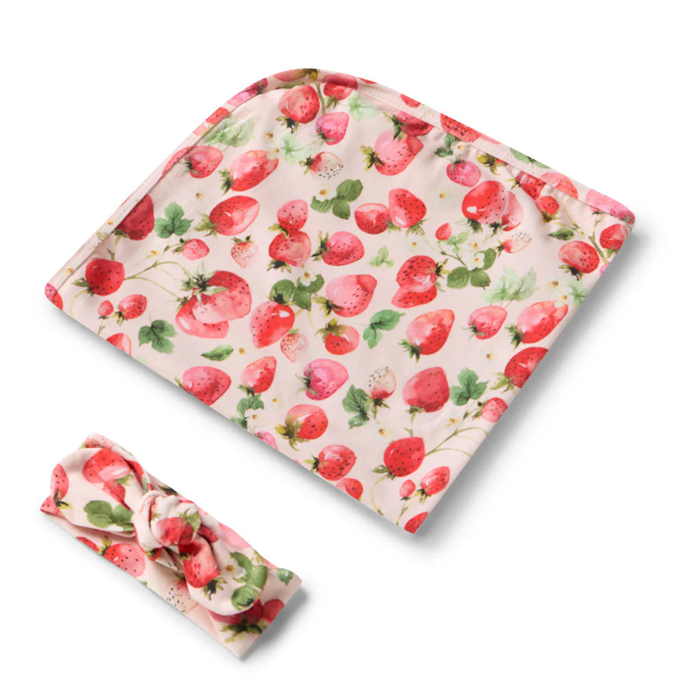 Strawberry Organic Jersey Wrap & Topknot Set - Snuggle Hunny