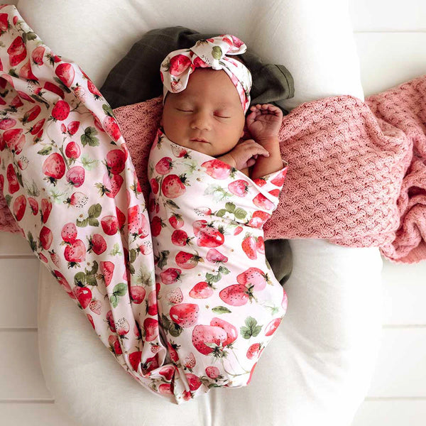 Strawberry Organic Jersey Wrap & Topknot Set - Snuggle Hunny