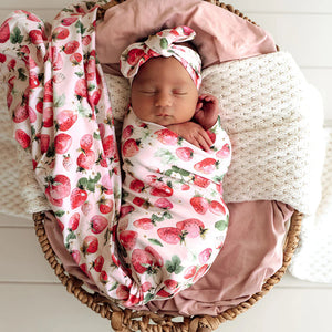 Strawberry Organic Jersey Wrap & Topknot Set - Snuggle Hunny