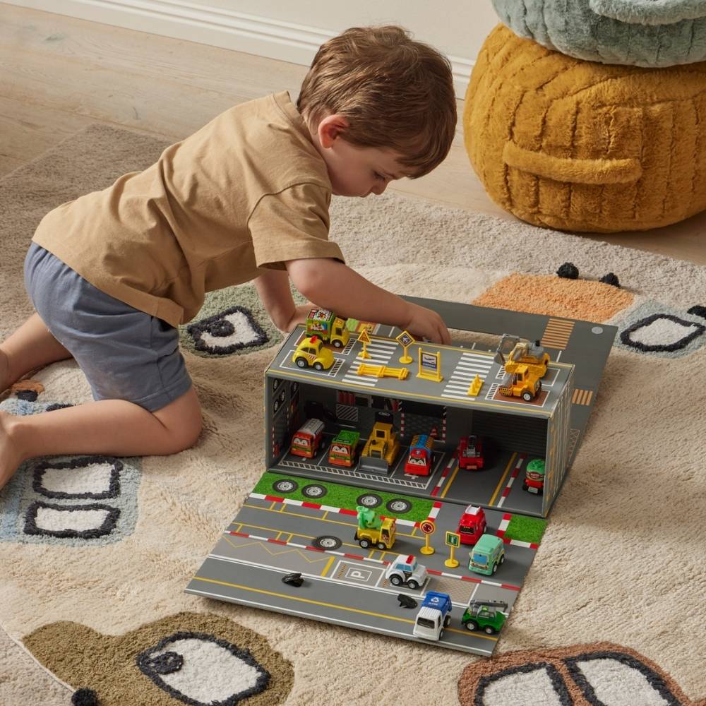 Pullback Toy Vehicles and Fold-Out Garage Set of 18 - Jiggle & Giggle