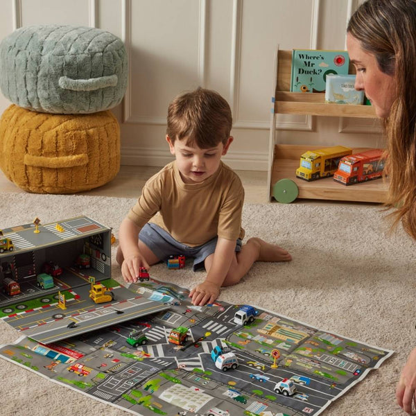 Pullback Toy Vehicles and Fold-Out Garage Set of 18 - Jiggle & Giggle